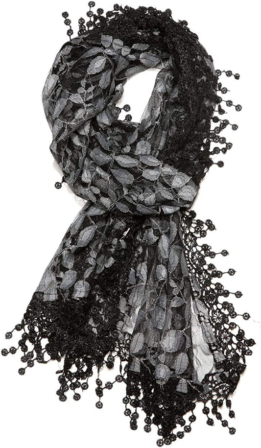 Women'S Lightweight Feminine Lace Teardrop Fringe Lace Scarf Vintage Scarf Mesh Crochet Tassel Cotton Scarf for Women Apparel & Accessories > Clothing Accessories > Scarves & Shawls Tan's Black & Gray 21  