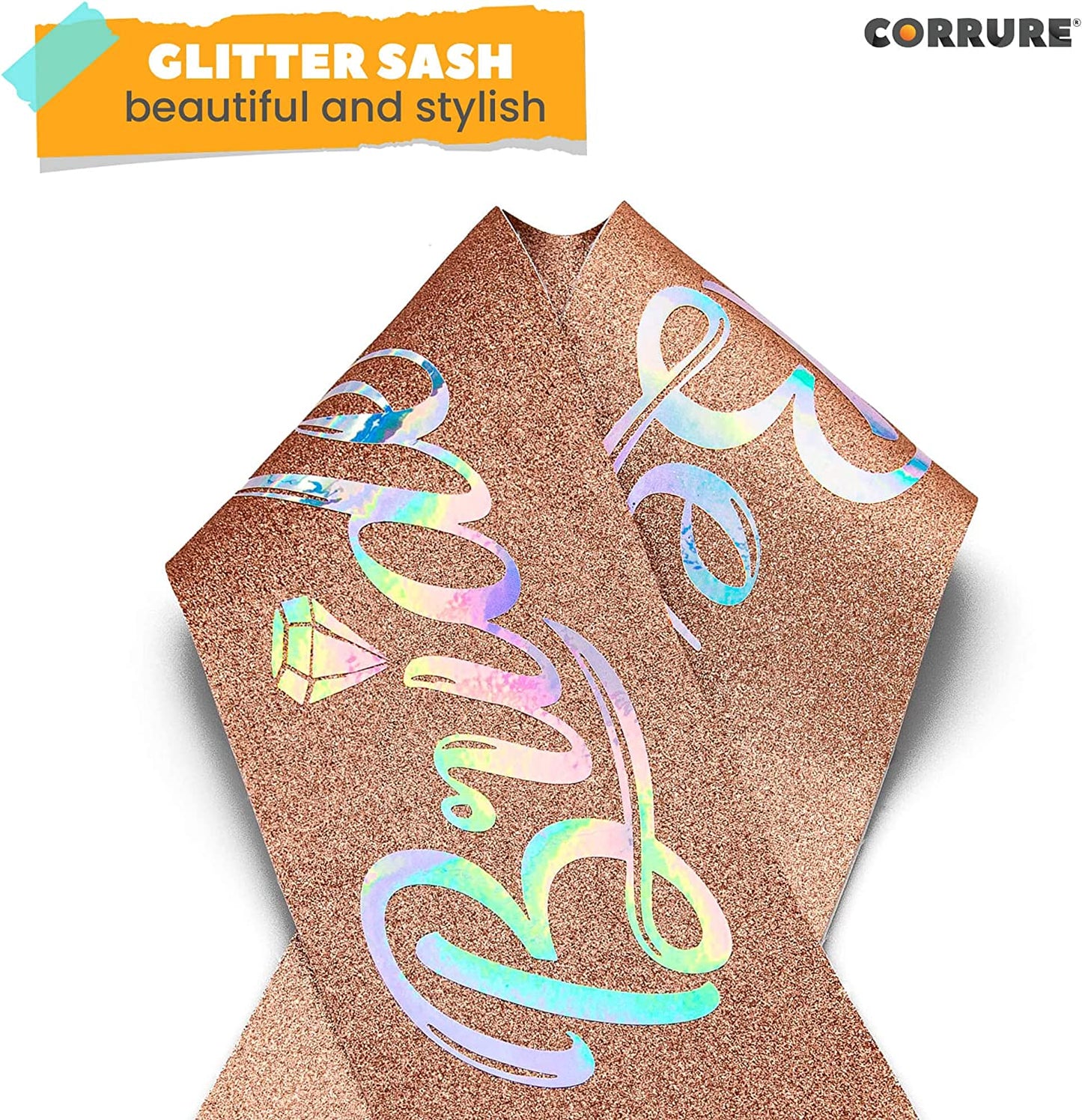CORRURE 'Bride to Be' Sash for Bachelorette Party - Bridal Shower Rose Gold Glitter Sash with Multicolor Foil Lettering - Hen Party Decorations Supplies Accessories, Wedding Engagement Party Favors Apparel & Accessories > Clothing Accessories > Sashes CORRURE   