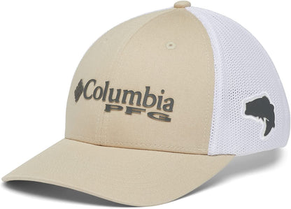 Columbia PFG Logo Mesh Ball Cap-High Crown Apparel & Accessories > Clothing Accessories > Hats Columbia Fossil, Grill, White, Bass Small-Medium 