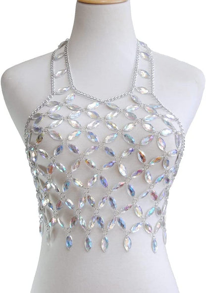 Salliy Boho Body Chain Bra Silver Sexy Rhinestone Bikini Bra Body Halter Backless Sequins Chain Bra Beach Body Accessories Jewelry for Women and Girls (M) Apparel & Accessories > Jewelry > Body Jewelry Salliy   
