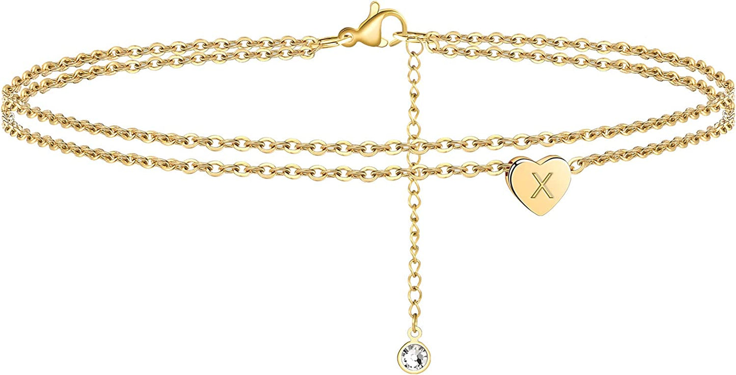 Turandoss Heart Initial Ankle Bracelets for Women, 14K Gold Filled Handmade Dainty Layered Anklet Letter Initial Heart Ankle Bracelets for Women Beach Jewelry Gifts Apparel & Accessories > Jewelry > Anklets Turandoss X  