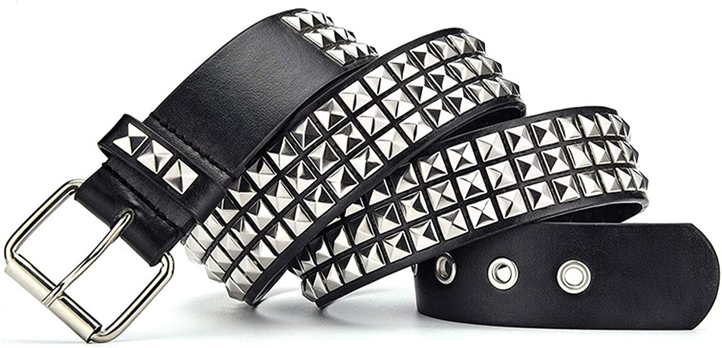 Three Row Punk Studded Belt, Black Belt Metal Pyramid Belt Gothic Rivet for Jeans Pants Apparel & Accessories > Clothing Accessories > Belts DCEVERTTO   