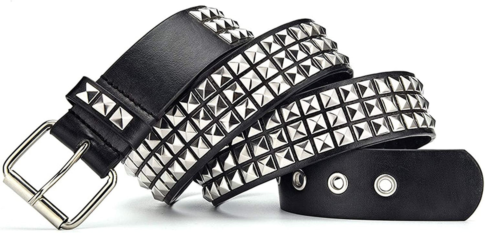 Three Row Punk Studded Belt, Black Belt Metal Pyramid Belt Gothic Rivet for Jeans Pants Apparel & Accessories > Clothing Accessories > Belts DCEVERTTO   