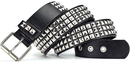 Three Row Punk Studded Belt, Black Belt Metal Pyramid Belt Gothic Rivet for Jeans Pants Apparel & Accessories > Clothing Accessories > Belts DCEVERTTO   
