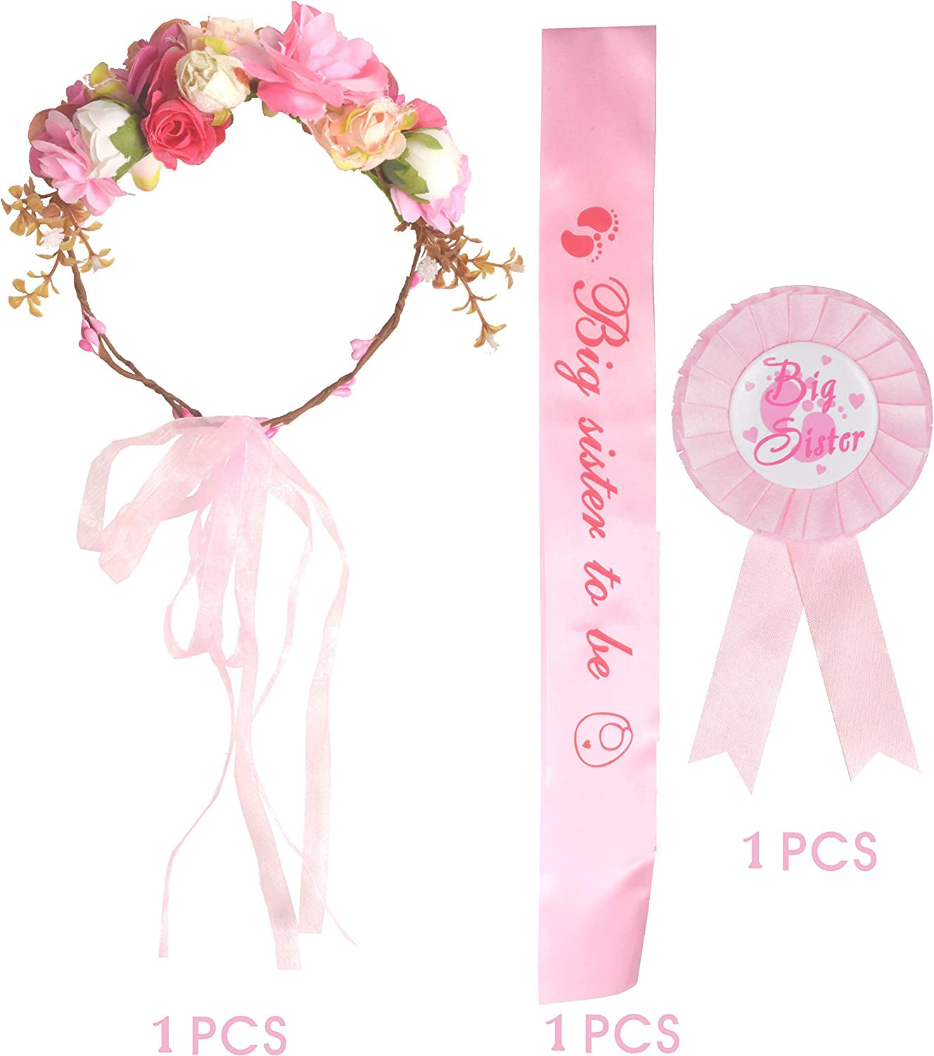I Am Going to Be Big Sister, Big Sister Flower Crown, Sash and Pin, Daughter Get Promoted to Big Sisters Idea Gift Set, Satin Big Sister to Be for Baby Shower Sash, Big Sister Party Supplies (Pink) Apparel & Accessories > Clothing Accessories > Sashes MEANT2TOBE   