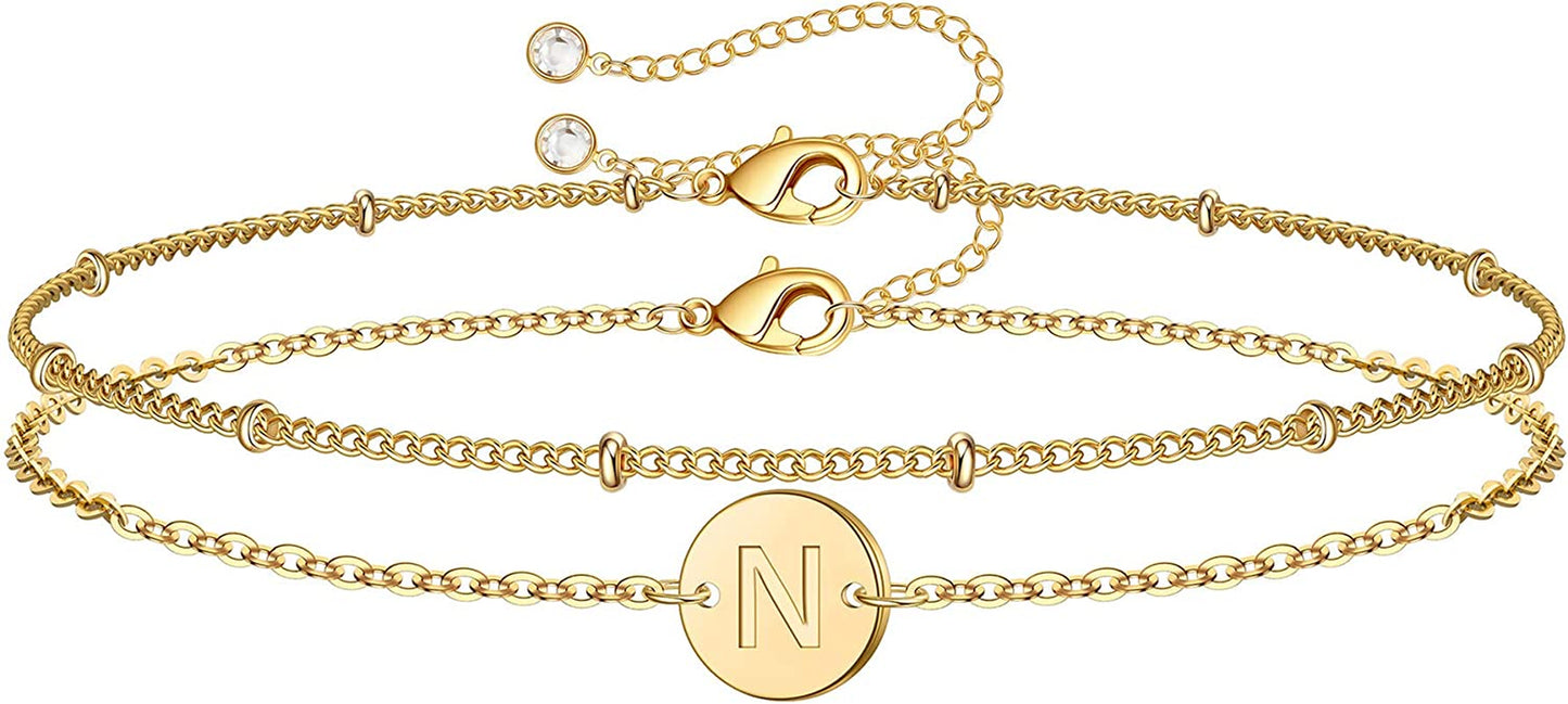 MONOZO Gold Initial Bracelets for Women, Dainty 14K Gold Filled Layered Beaded Letter Initial Bracelet Personalized 26 Alphabet Disc Monogram Charm Bracelet Jewelry Gifts for Girls Apparel & Accessories > Jewelry > Bracelets MONOZO N  