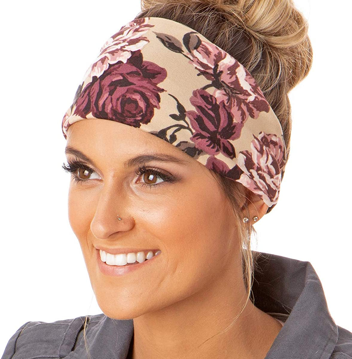 Hipsy Adjustable & Stretchy Printed Xflex Wide Headbands for Women Girls & Teens Apparel & Accessories > Clothing Accessories > Bandanas & Headties Hipsy Tan Floral Soft Xflex 1pk  
