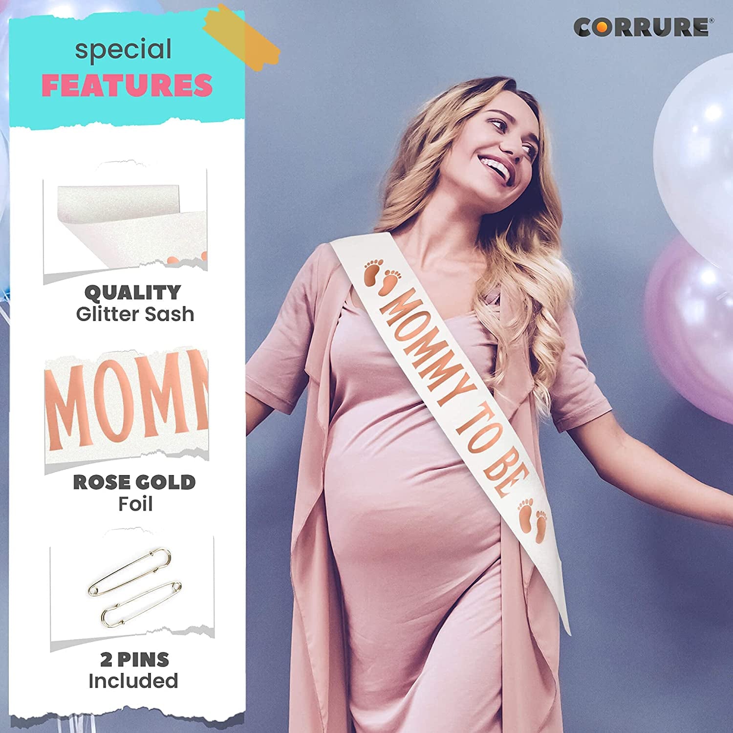 CORRURE Baby Shower Sash for Boy or Girl - 'Mommy to Be' Sash with Beautiful White Glitter Ribbon and Rose Gold Foil - Ideal Gender Reveal, Baby Shower, Welcome Baby, Mom to Be or Baby Sprinkle Gift Apparel & Accessories > Clothing Accessories > Sashes CORRURE   