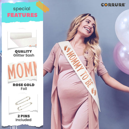 CORRURE Baby Shower Sash for Boy or Girl - 'Mommy to Be' Sash with Beautiful White Glitter Ribbon and Rose Gold Foil - Ideal Gender Reveal, Baby Shower, Welcome Baby, Mom to Be or Baby Sprinkle Gift Apparel & Accessories > Clothing Accessories > Sashes CORRURE   