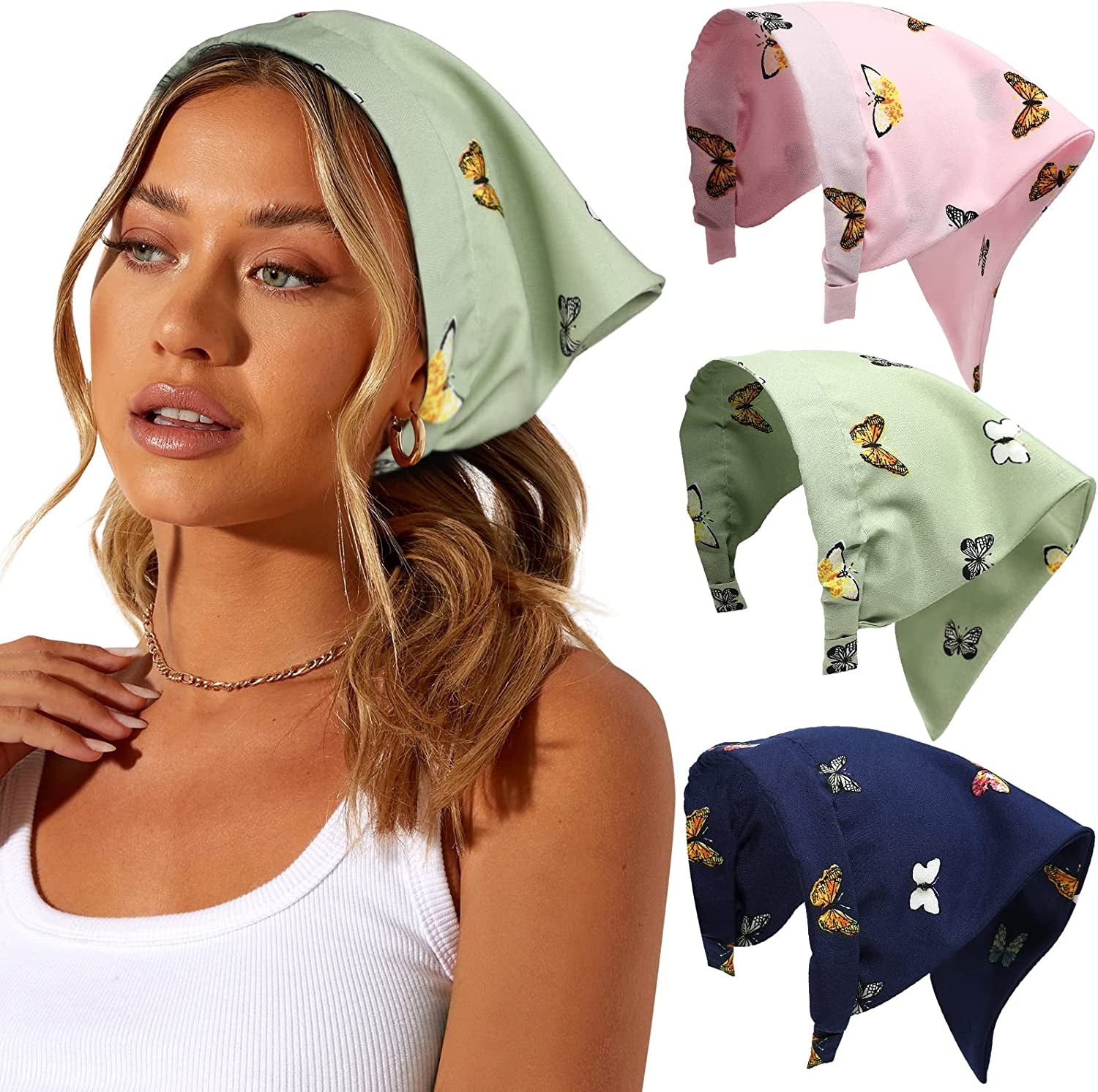 Floral Elastic Hair Scarf Headband - 3 PCS Chiffon Head Kerchief Headband Floral Hair Scarves with Hair Clips Hair Bandanas Apparel & Accessories > Clothing Accessories > Bandanas & Headties AWAYTR Butterfly Print (Green/Blue/Pink)  