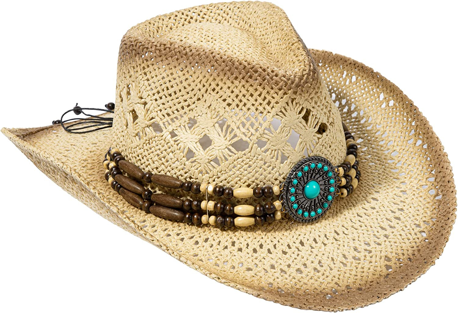 Livingston Men & Women'S Woven Straw Cowboy Hat W/Hat Band Apparel & Accessories > Clothing Accessories > Hats KYLIE MAX Round Bead_nature  