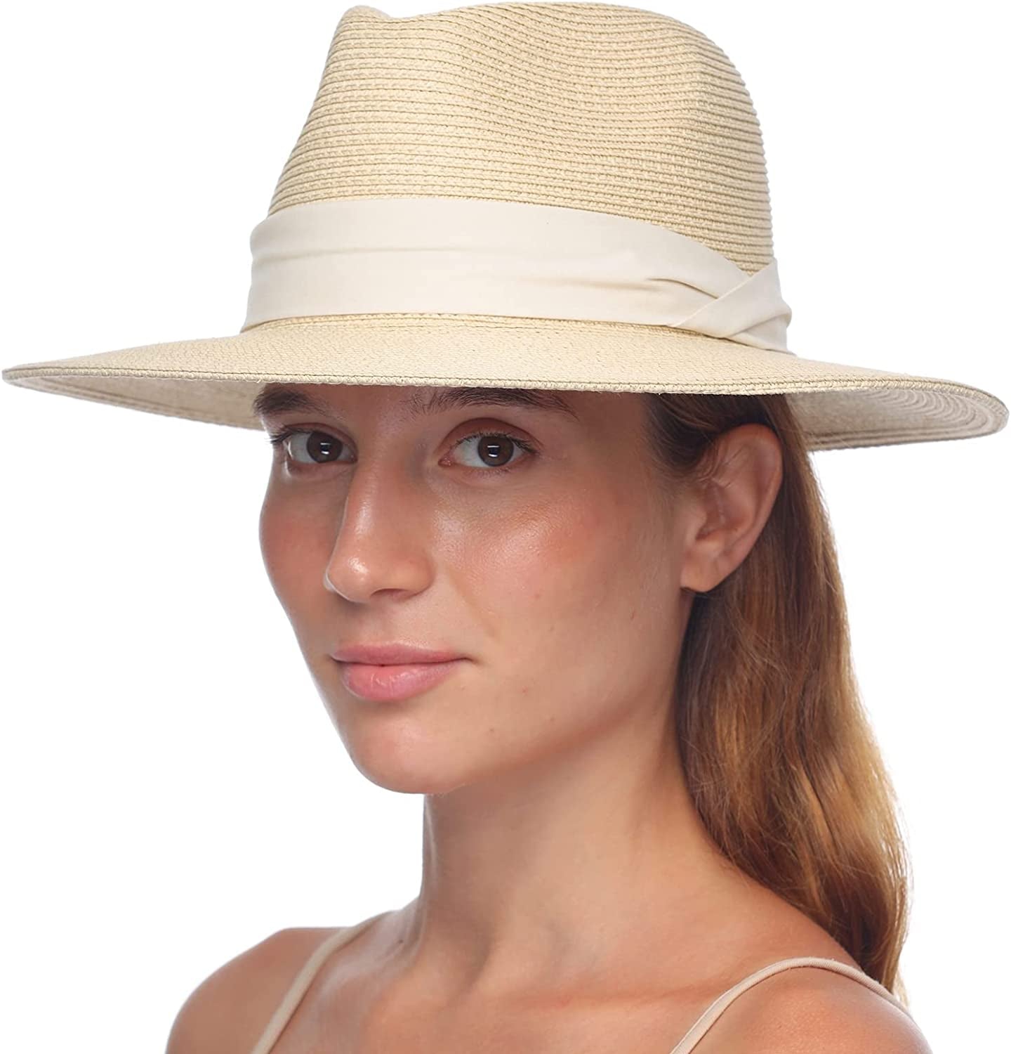 FURTALK Panama Hat Sun Hats for Women Men Wide Brim Fedora Straw Beach Hat UV UPF 50 Apparel & Accessories > Clothing Accessories > Hats KYLIE MAX Beige+white Large 
