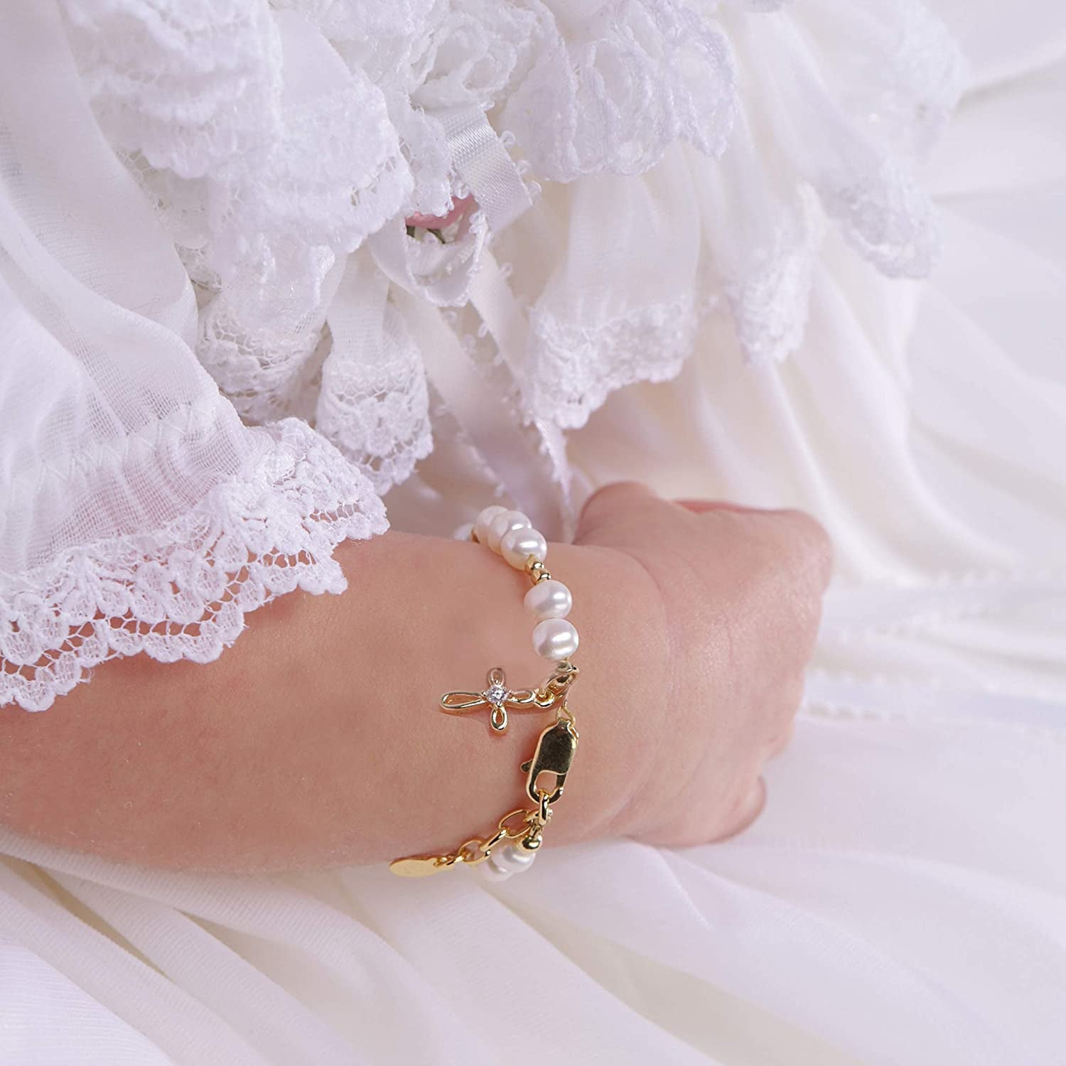 Children'S 14K Gold-Plated Bracelet And/Or Necklace with Cultured Pearls and Cross Charm for Baptism, Christening or First Communion Gift for Girls Apparel & Accessories > Jewelry > Bracelets Cherished Moments   