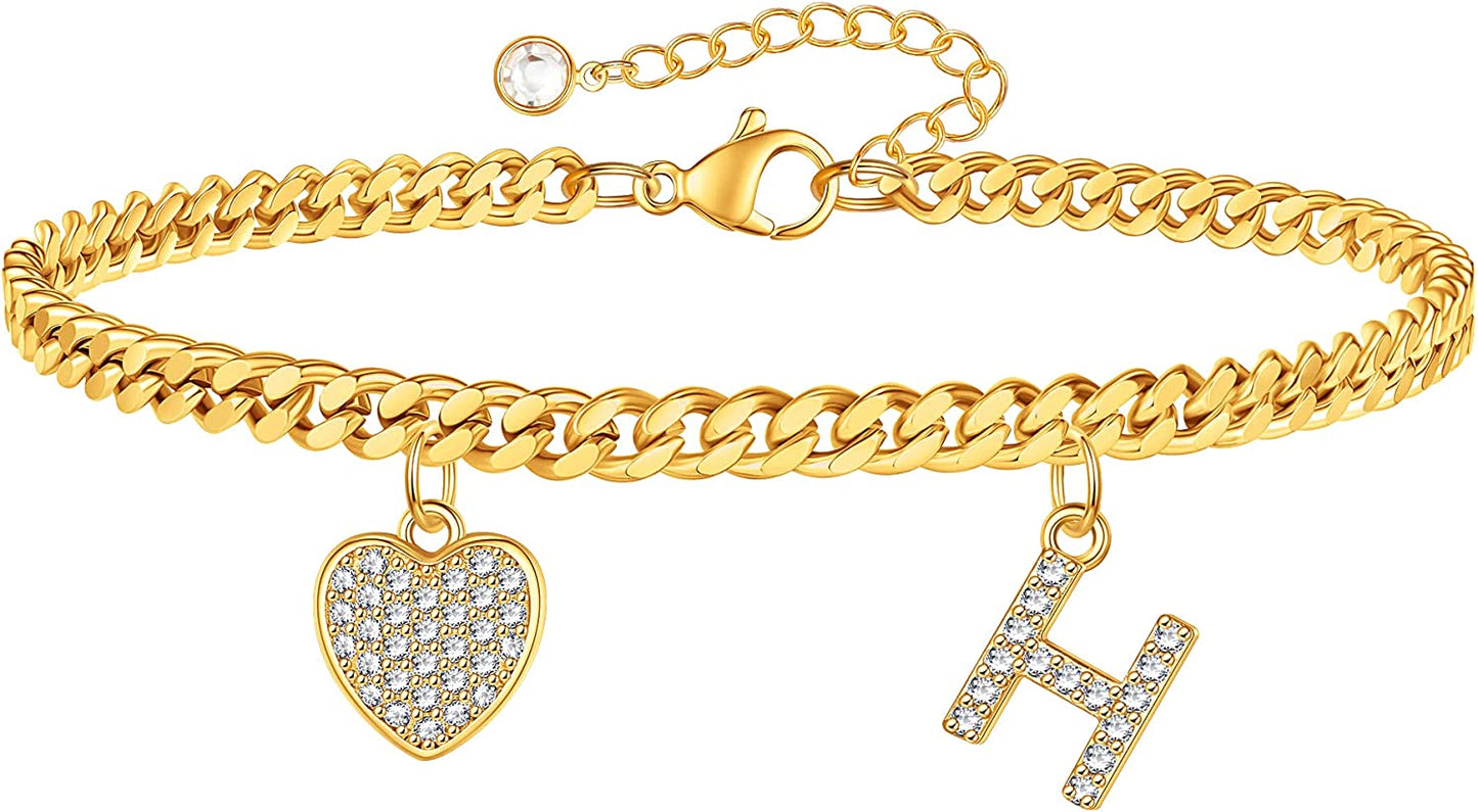 Gold Heart Ankle Bracelets for Women 14K Gold Plated Initial Charm Gold Anklets for Women Cuban Link Chain Heart Anklet Bracelets for Women Apparel & Accessories > Jewelry > Anklets BRIJEWLIC H  