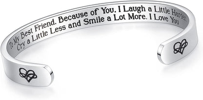 Aryahozel Motivational Cuff Bracelet for Women Girls, Personalized Jewelry Gifts for Her Daughter Mom Sister Niece Best Friends, Engraved Different Sayings Apparel & Accessories > Jewelry > Bracelets AryaHozel 0-Friendship Gift-To my best friend, because of you, I laugh a little harder…  