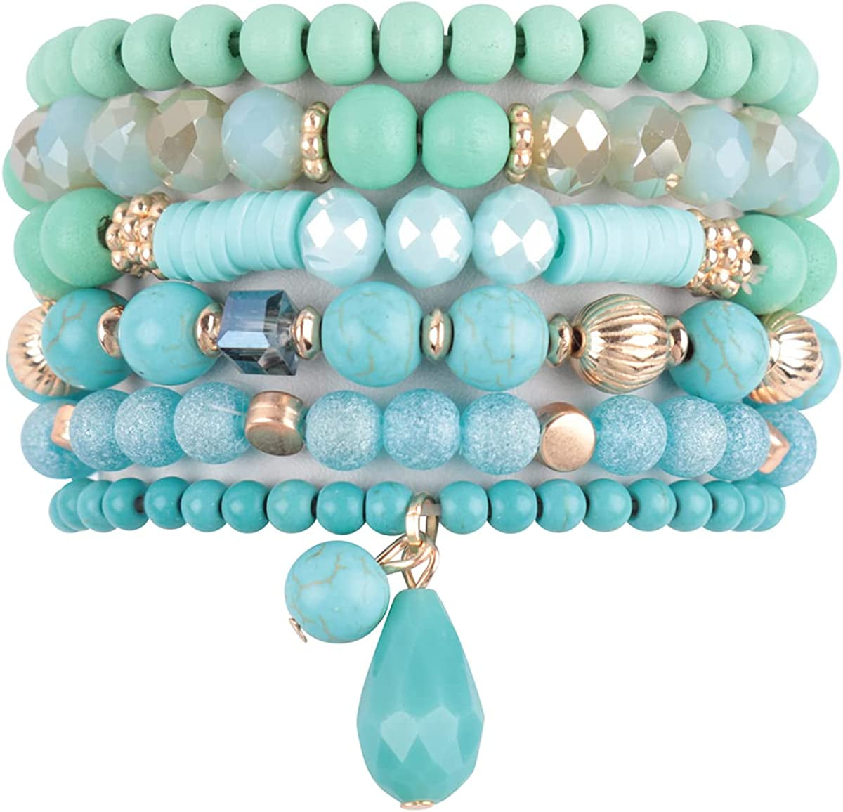 Bohemian Mix Bead Multi Layer Versatile Statement Bracelets - Stackable Beaded Strand Stretch Bangles Sparkly Crystal, Tassel Charm Apparel & Accessories > Jewelry > Bracelets RIAH FASHION Mix Bead Wood Charm Stretch Bracelet Set - Turquoise  