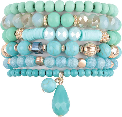 Bohemian Mix Bead Multi Layer Versatile Statement Bracelets - Stackable Beaded Strand Stretch Bangles Sparkly Crystal, Tassel Charm Apparel & Accessories > Jewelry > Bracelets RIAH FASHION Mix Bead Wood Charm Stretch Bracelet Set - Turquoise  