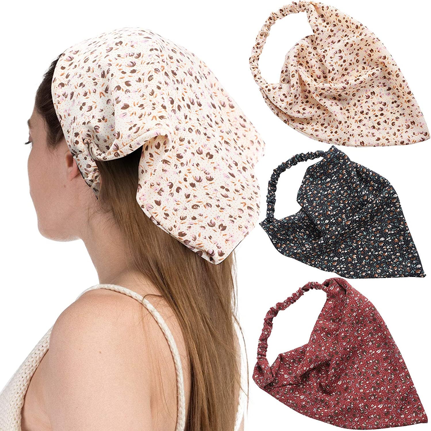 Floral Elastic Hair Scarf Headband - 3 PCS Chiffon Head Kerchief Headband Floral Hair Scarves with Hair Clips Hair Bandanas Apparel & Accessories > Clothing Accessories > Bandanas & Headties AWAYTR Flower(light Coffee/Burgundy/Navy)  