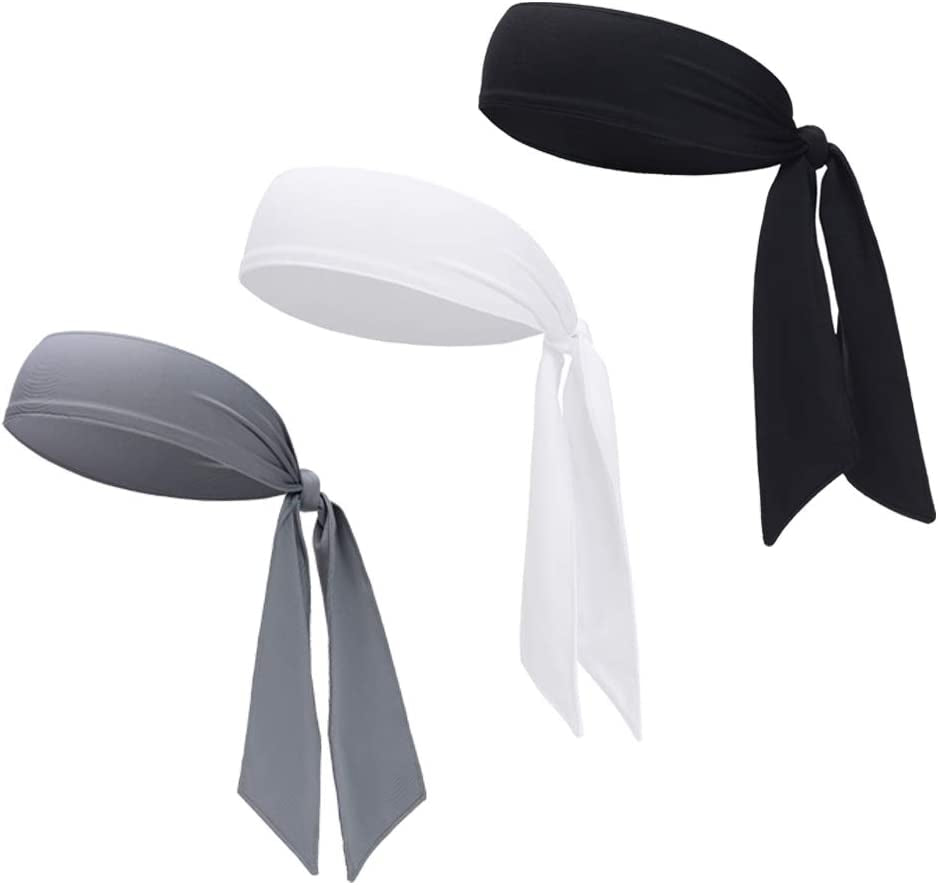Sports Headband - Head Tie Tennis Tie Hairband - Sweatbands Headbands Wristbands Head Wrap - Ideal for Working Out,Tennis Apparel & Accessories > Clothing Accessories > Bandanas & Headties DEMIL 3pcs-black+white+grey  