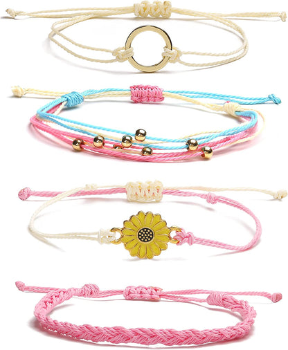 HUASAI Vsco String Bracelets for Teen Girls Women Waterproof Boho Rope Bracelets Wave Surfer Bracelets Summer Beach Anklets Apparel & Accessories > Jewelry > Anklets HUASAI Pink Sunflower Bracelets Anklets  