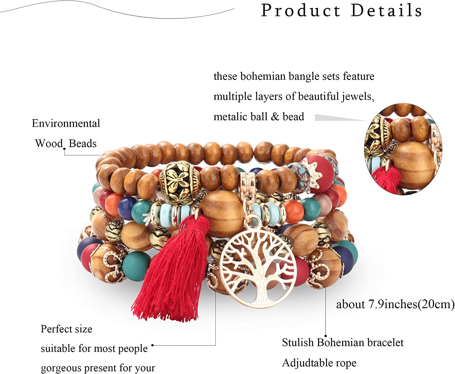 LOYALLOOK 8 Sets Bohemian Stretch Wood Beaded Bracelets for Women Boho Tassel Bracelet Set Bead Strand Bangle Charm Multilayer Stackable Bracelets Apparel & Accessories > Jewelry > Bracelets LOYALLOOK   