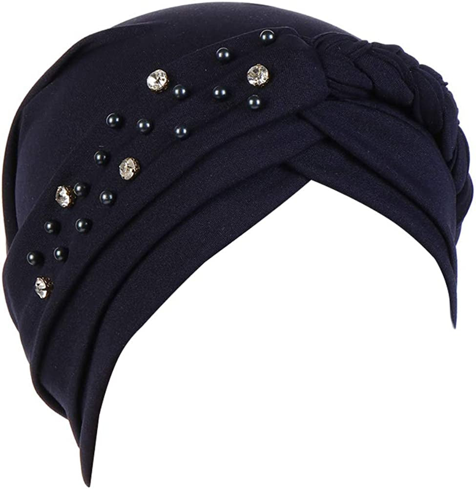Beauty YFJH Women Hijab Beading Pre-Tied Twisted Braid Turban Hat Head Scarf Cancer Chemo Beanies Headwear Headwrap Cap Apparel & Accessories > Clothing Accessories > Headwear beauty YFJH Navy  
