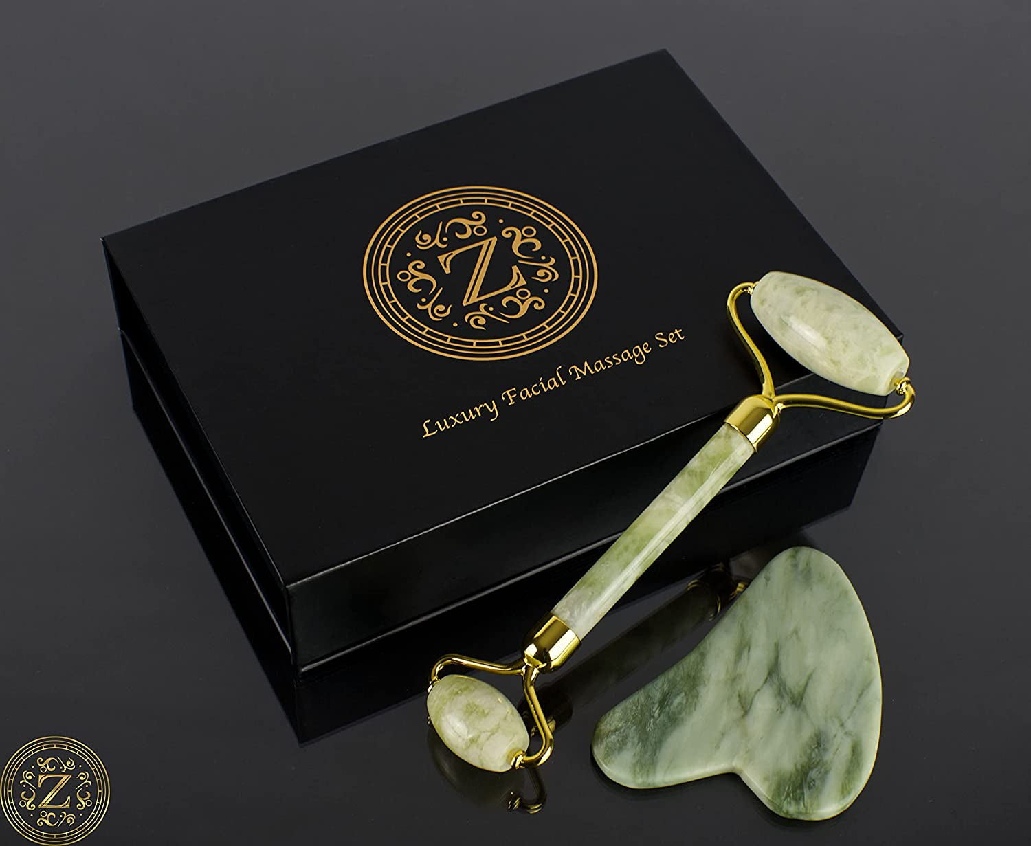 Jade Roller and Gua Sha Set - Luxury Facial Skincare Set by Zamlinco - Jade Stone Anti-Aging Skin Care Tools for Face, Eyes, Neck and Body | Reduce Fine Lines and Wrinkles Naturally Health & Beauty > Personal Care > Cosmetics > Cosmetic Tools > Skin Care Tools Zamlinco   