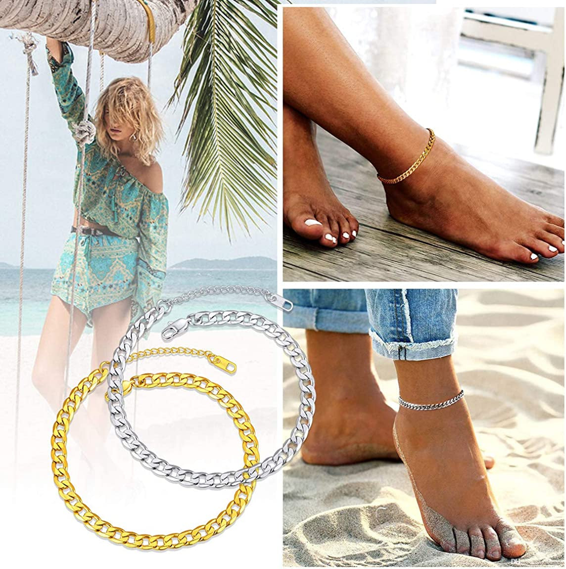 Chainspro Resizable Anklet Chain for Women Men, Figaro/Wheat/Twist Rope/Cuban Foot Bracelet-Strong with Good Clasp-18K Gold Plated(Send Gift Box) Apparel & Accessories > Jewelry > Anklets ChainsPro   