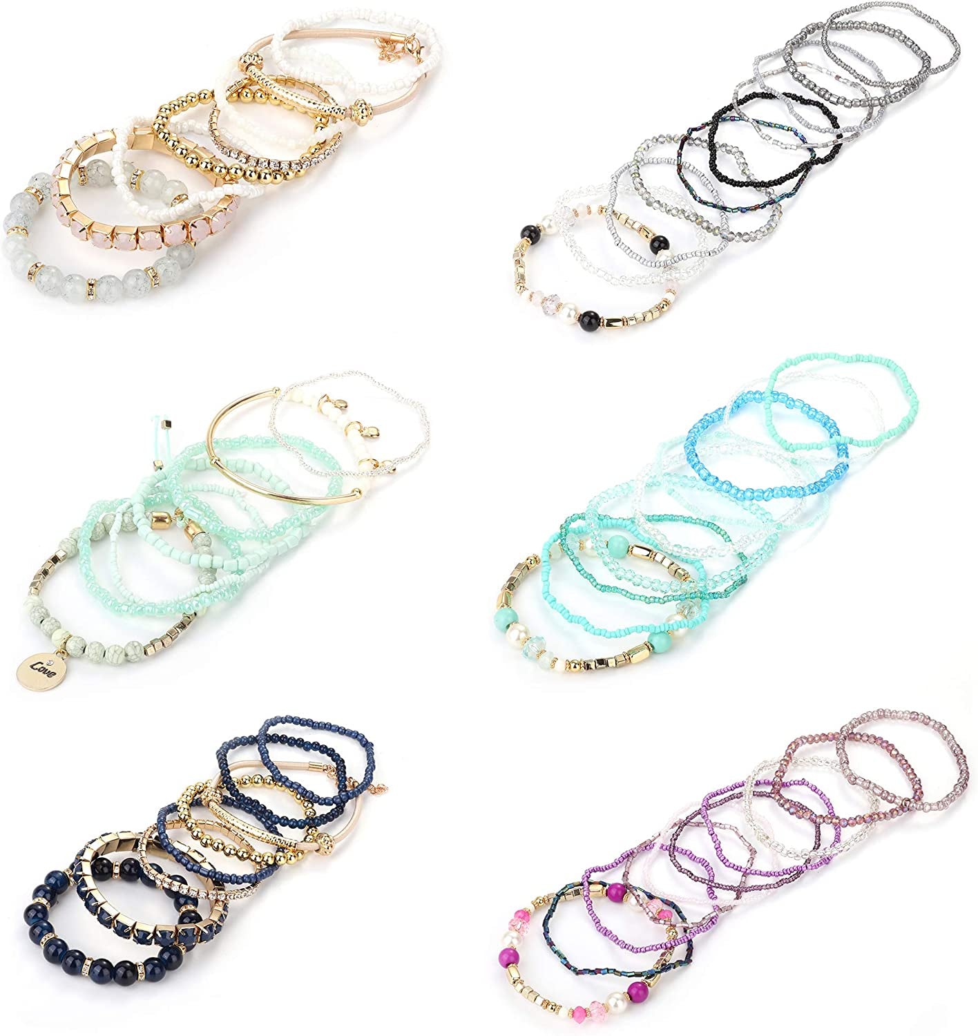 LOYALLOOK 6 Sets Bohemian Stackable Bead Bracelets for Women Stretch Bangles Bohemian Style Stretch Multilayered Bracelet Set Apparel & Accessories > Jewelry > Bracelets LOYALLOOK   