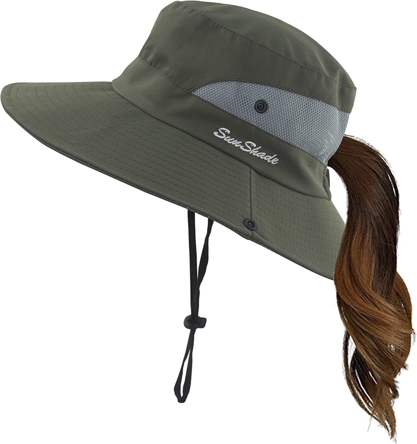 Mukeyo Womens Summer Sun Hat Wide Brim Outdoor UV Protection Hat Foldable Ponytail Bucket Cap for Beach Fishing Hiking Apparel & Accessories > Clothing Accessories > Hats Mukeyo Army Green  