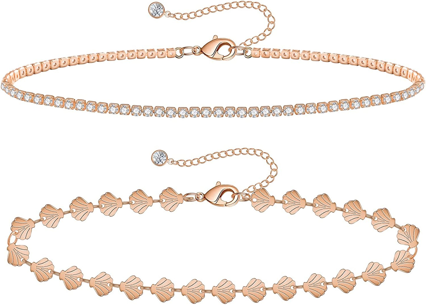 Gold Ankle Bracelets for Women 14K Gold Plated Anklet Silver Tennis Rose Quartz Cross Bead Herringbone Snake Paperclip Chain Cubic Zirconia Dainty Layered Anklet Set 3Pcs Apparel & Accessories > Jewelry > Anklets WeSparking U-Rose Gold-Shell Chain  