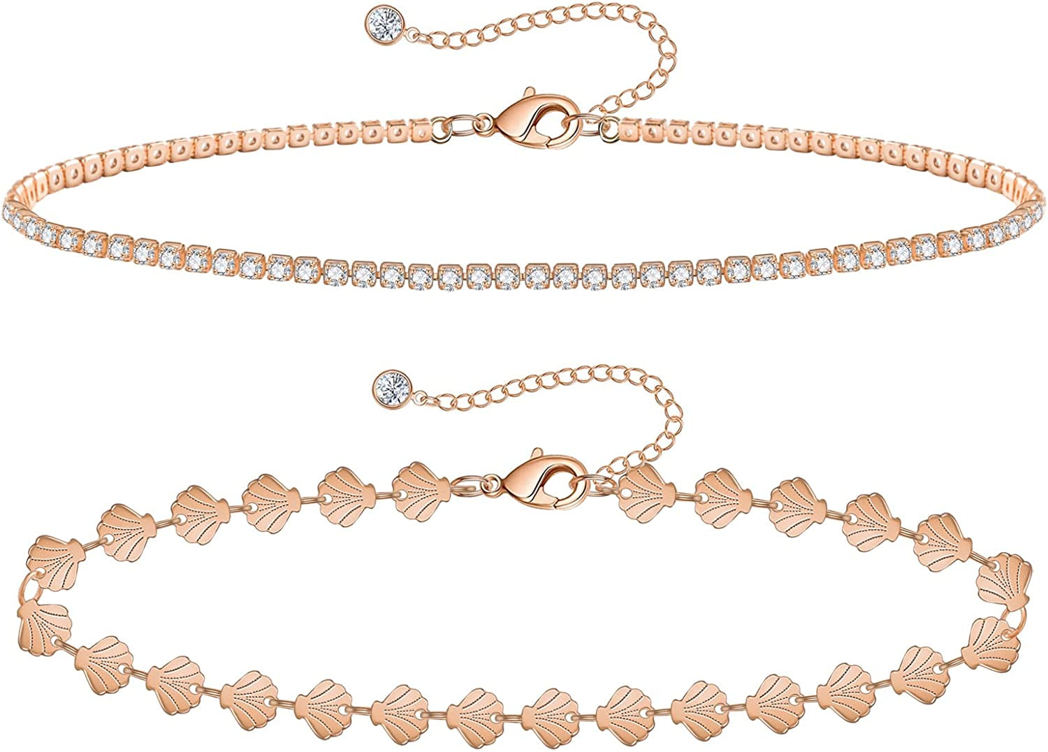Gold Ankle Bracelets for Women 14K Gold Plated Anklet Silver Tennis Rose Quartz Cross Bead Herringbone Snake Paperclip Chain Cubic Zirconia Dainty Layered Anklet Set 3Pcs Apparel & Accessories > Jewelry > Anklets WeSparking U-Rose Gold-Shell Chain  
