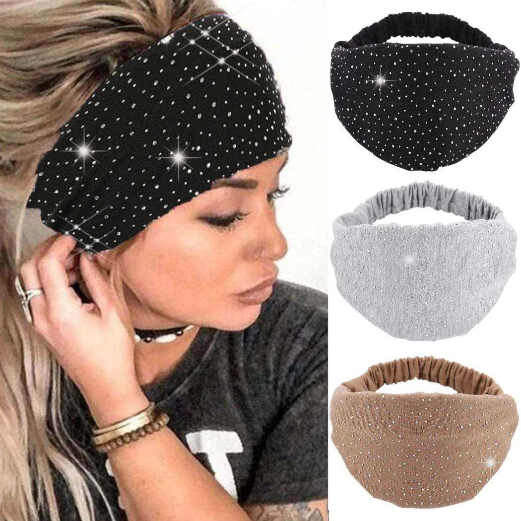 CAKURE Crystal Wide Headbands Rhinestone Bling Head Bands Sparkle Head Scarf Turban Headband Elastic African Head Wraps Sport Hair Bands for Women and Girls Pack of 3 (Set 2) Apparel & Accessories > Clothing Accessories > Bandanas & Headties CAKURE set 2  