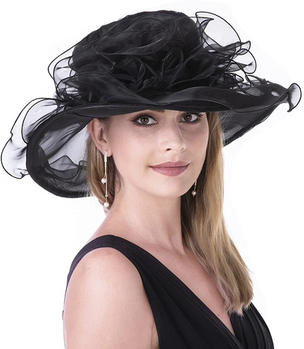 Lucky Leaf Women Kentucky Derby Church Cap Wide Brim Summer Sun Hat for Party Wedding Apparel & Accessories > Clothing Accessories > Headwear Lucky Leaf Nf-black  