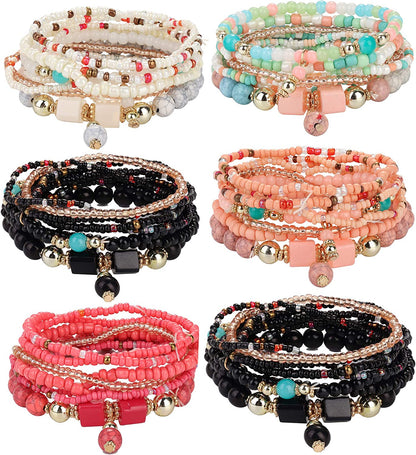 FIBO STEEL 6 Sets Bohemian Stackable Bead Bracelets for Women Stretch Multilayered Bracelet Set Multicolor Jewelry Apparel & Accessories > Jewelry > Bracelets FIBO STEEL B: 6 Sets  