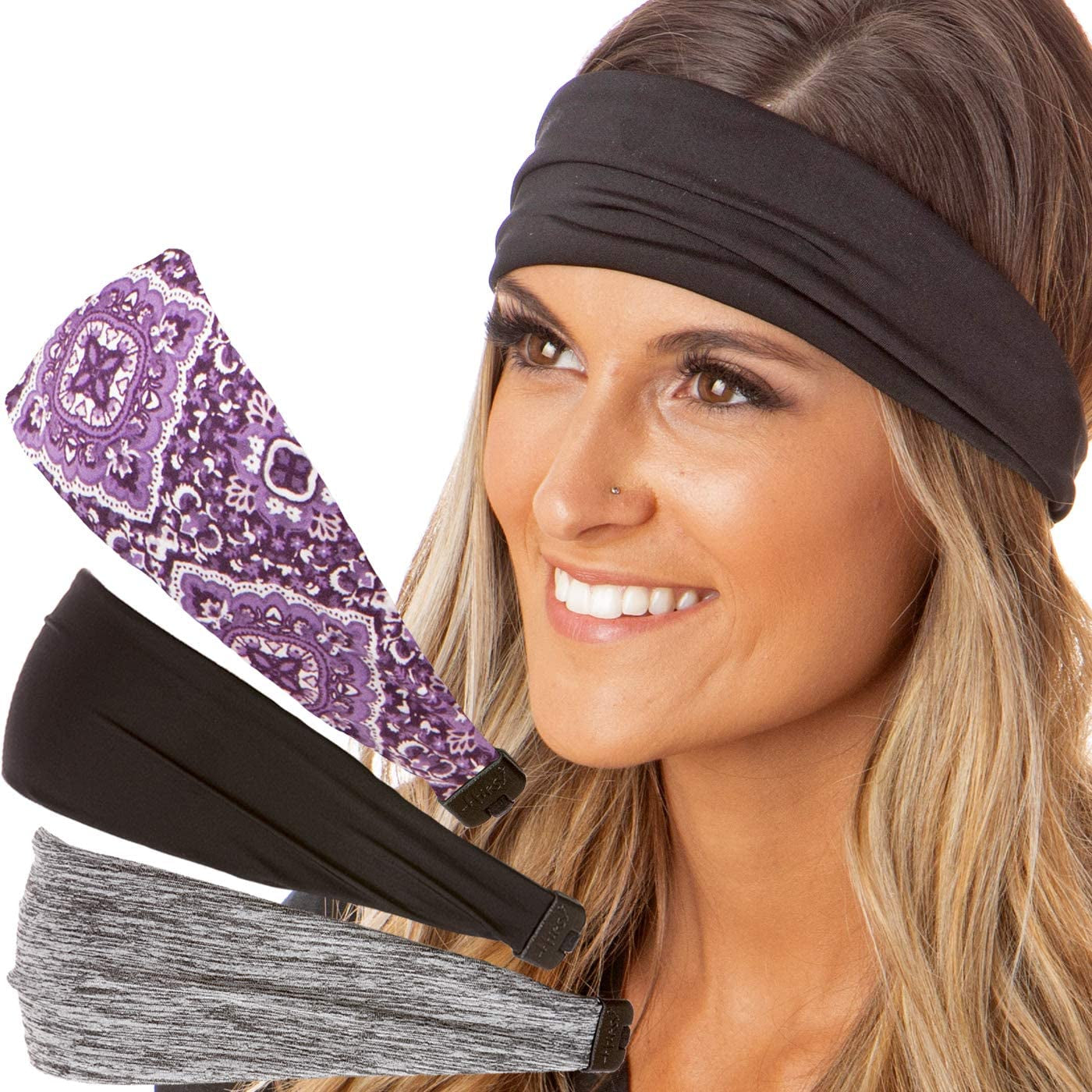 Hipsy Adjustable & Stretchy Printed Xflex Wide Headbands for Women Girls & Teens Apparel & Accessories > Clothing Accessories > Bandanas & Headties Hipsy 3pk Grey/Black/Purple Bandana Xflex  