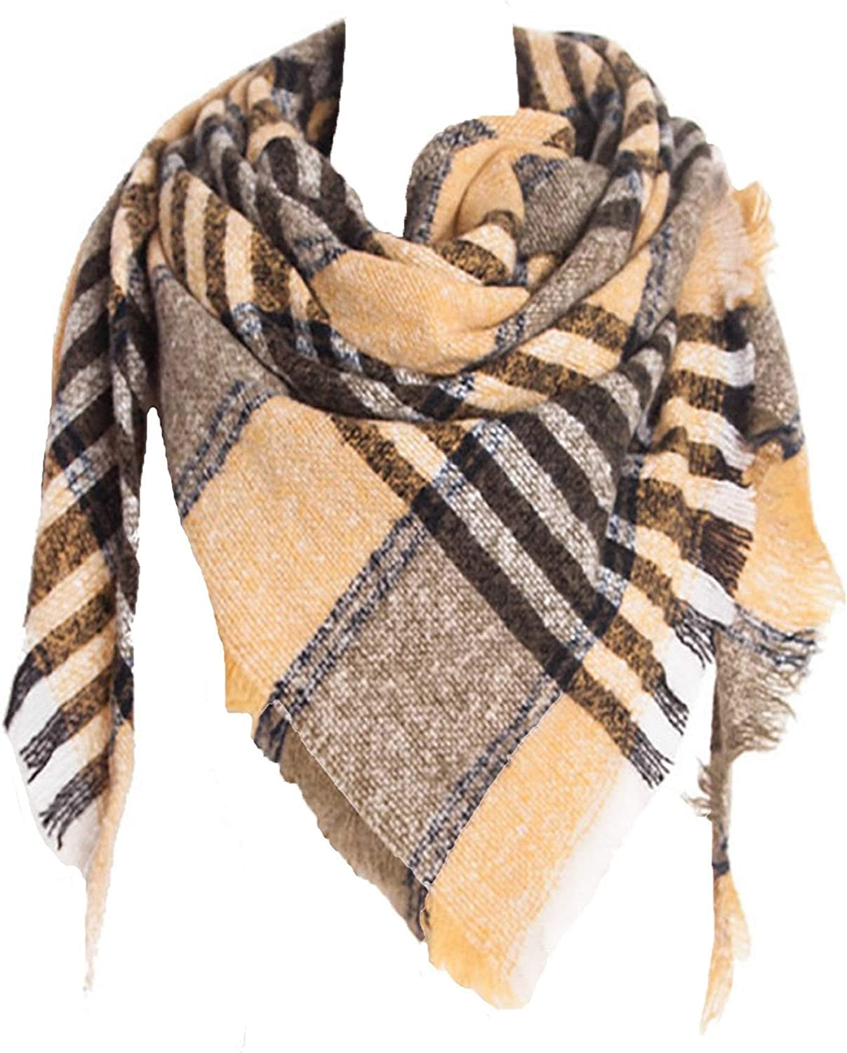 Wander Agio Womens Warm Scarf Triangle Shawls Winter Scarves Stripe Plaid Fichu Rough Surface Apparel & Accessories > Clothing Accessories > Scarves & Shawls Wander Agio Plaid Yellow 11  