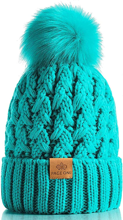 PAGE ONE Womens Winter Ribbed Beanie Crossed Cap Chunky Cable Knit Pompom Soft Warm Hat Apparel & Accessories > Clothing Accessories > Hats PAGE ONE Green  