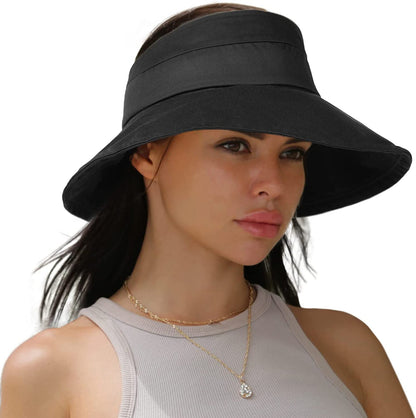 Sun Visors for Women UV Protection Wide Brim Sun Visor Hat Packable Summer Beach Visors for Women Adjustable Black Apparel & Accessories > Clothing Accessories > Hats Hatiis   