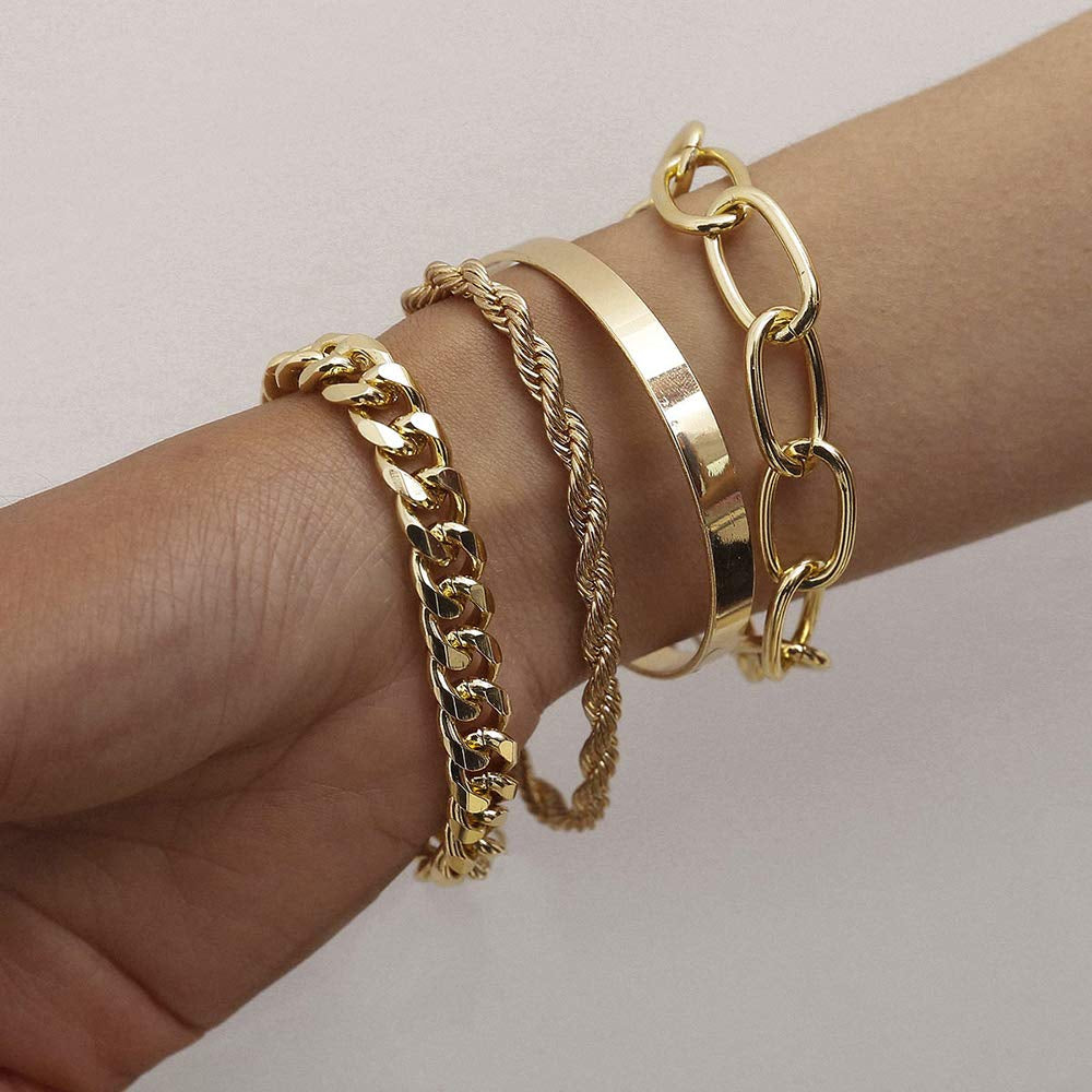 Fxmimior Dainty Boho Gold Silver Chain Bracelets Set for Women Adjustable Fashion Beaded Chunky Flat Cable Chain Punk Bracelets Jewelry for Women Girls Gift Set of 4 (Gold) Apparel & Accessories > Jewelry > Bracelets fxmimior Gold  