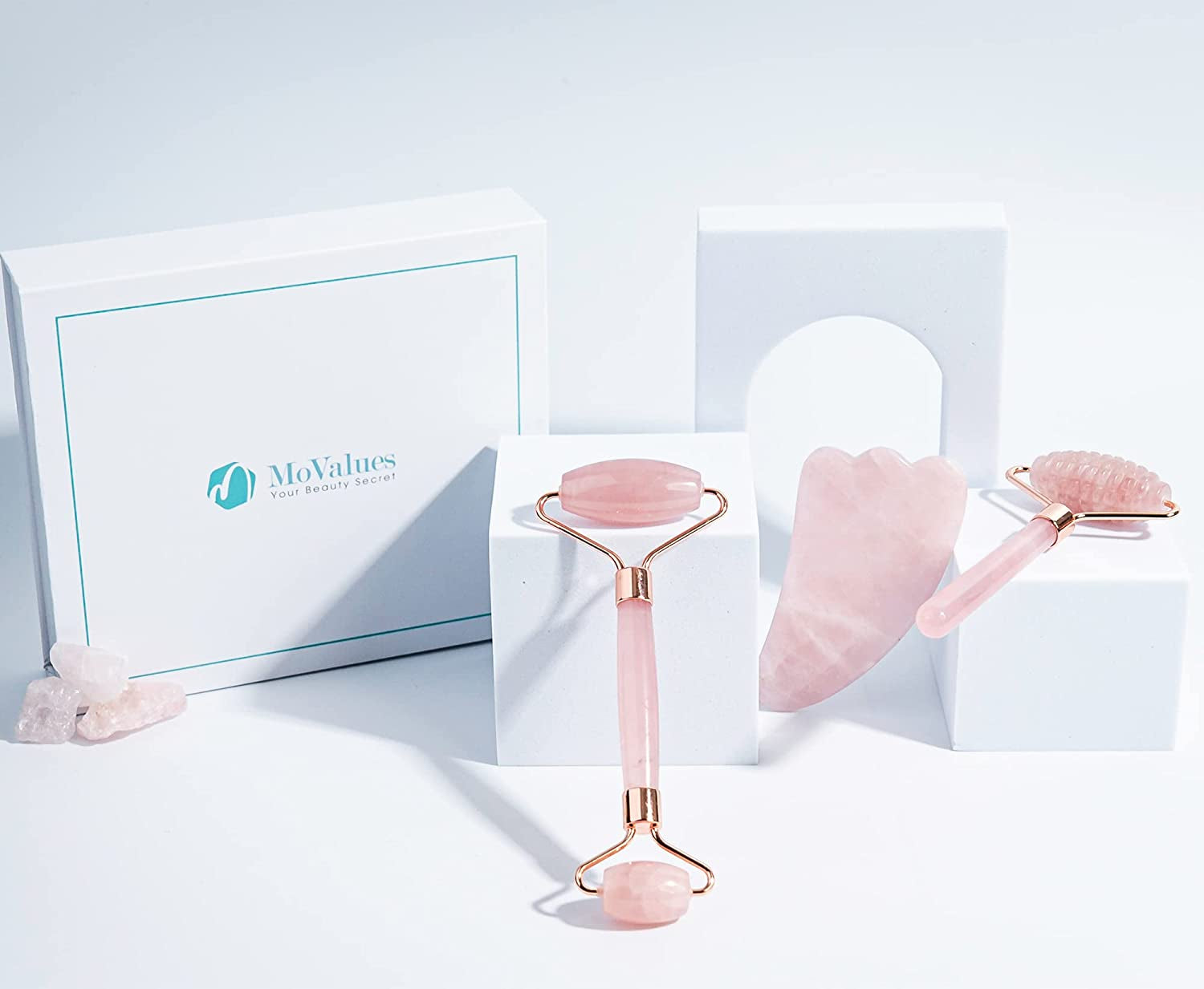 Pink Jade Roller and Gua Sha Set. Rose Quartz Roller with Eye Massager, Jade Gua Sha, Ridged Roller Massager. Jade Roller for Face Real Jade 100% Jade Stone Roller. Warm Facial Massager or Ice Roller Health & Beauty > Personal Care > Cosmetics > Cosmetic Tools > Skin Care Tools MoValues   