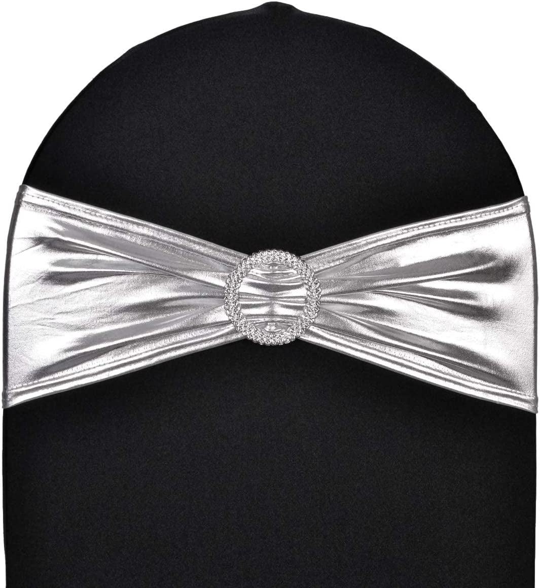 Sweeteasy 50Pcs Metallic Silver Spandex Chair Sashes, Durable Workmanship,Stretch Bows with Buckle Stretchable for Christmas Wedding Party Banquet Event Baby Shower Birthday Celebration Decoration Apparel & Accessories > Clothing Accessories > Sashes SweetEasy   