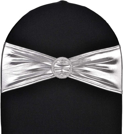 Sweeteasy 50Pcs Metallic Silver Spandex Chair Sashes, Durable Workmanship,Stretch Bows with Buckle Stretchable for Christmas Wedding Party Banquet Event Baby Shower Birthday Celebration Decoration Apparel & Accessories > Clothing Accessories > Sashes SweetEasy   