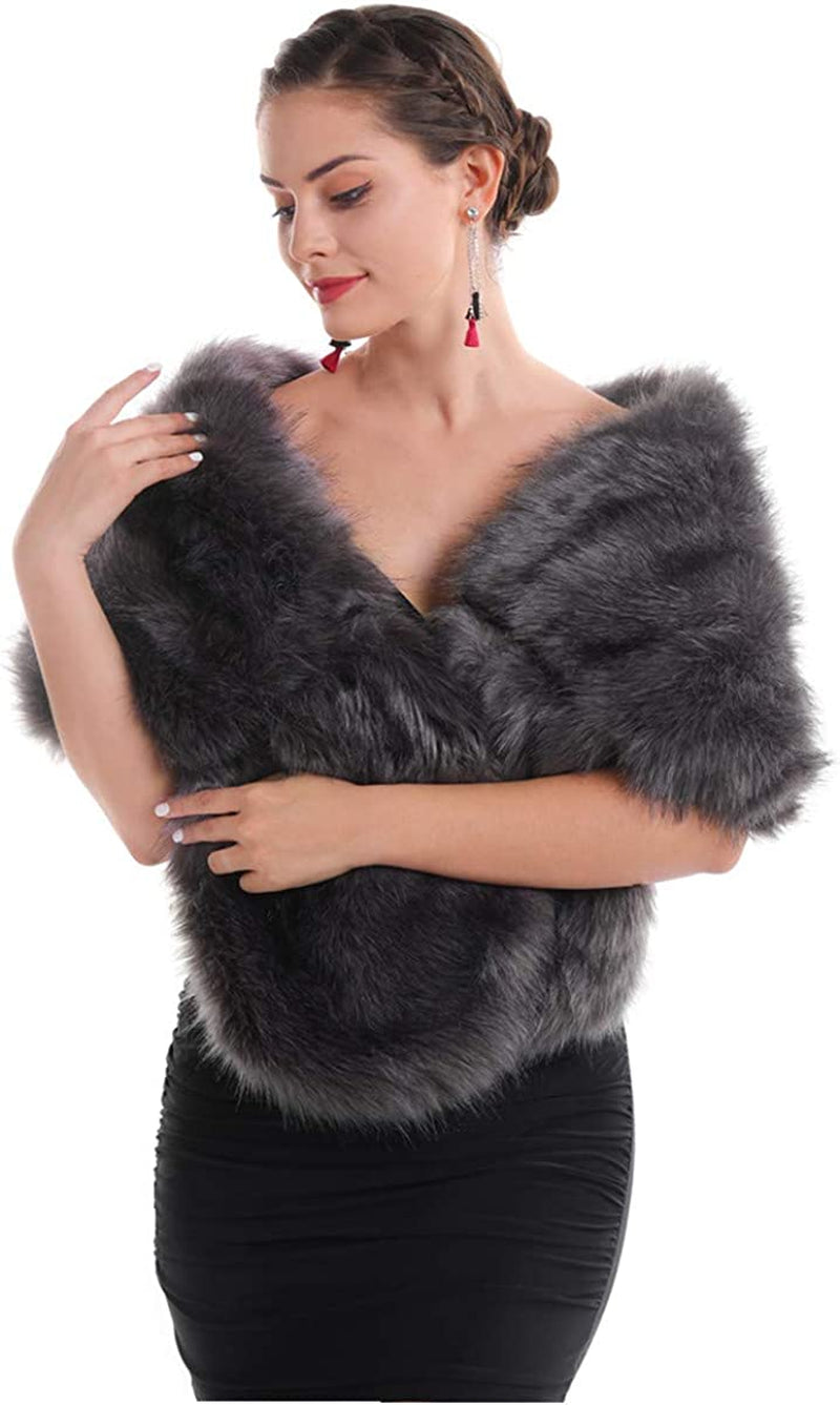 Lucky Leaf Women Luxurious Large Winter Faux Fur Scarf Wrap Collar Shrug for Lady Poncho Wedding Dinner Party Apparel & Accessories > Clothing Accessories > Scarves & Shawls Lucky Leaf Shawl Grey  