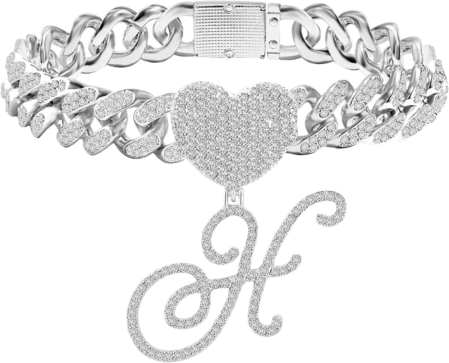 KKJTDS 13Mm Silver Cuban Link Anklets for Women Cursive Pendant Miami Cuban Link Chain Ankle Bracelets for Women Hip Hop Iced Out Letter Chain Anklet Apparel & Accessories > Jewelry > Anklets KKJTDS H  