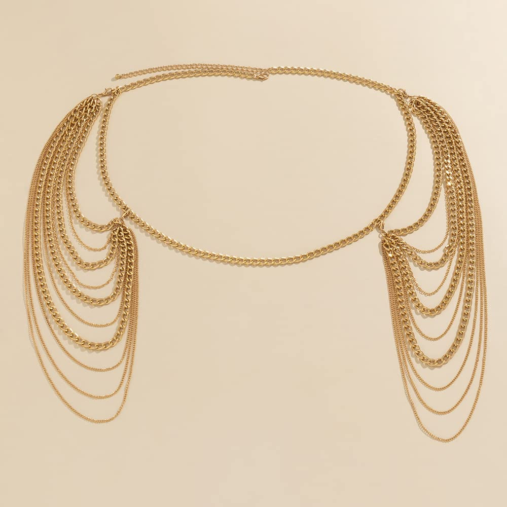 Missgrace Bride Women Shiny Statement Tassel Body Chain Jewelry Shawl Silver Gold Dainty Body Jewelry Layered Shoulder Chain Wedding Party Nightclub Body Accessories Jewelry for Women Bride (Gold) Apparel & Accessories > Jewelry > Body Jewelry Missgrace   