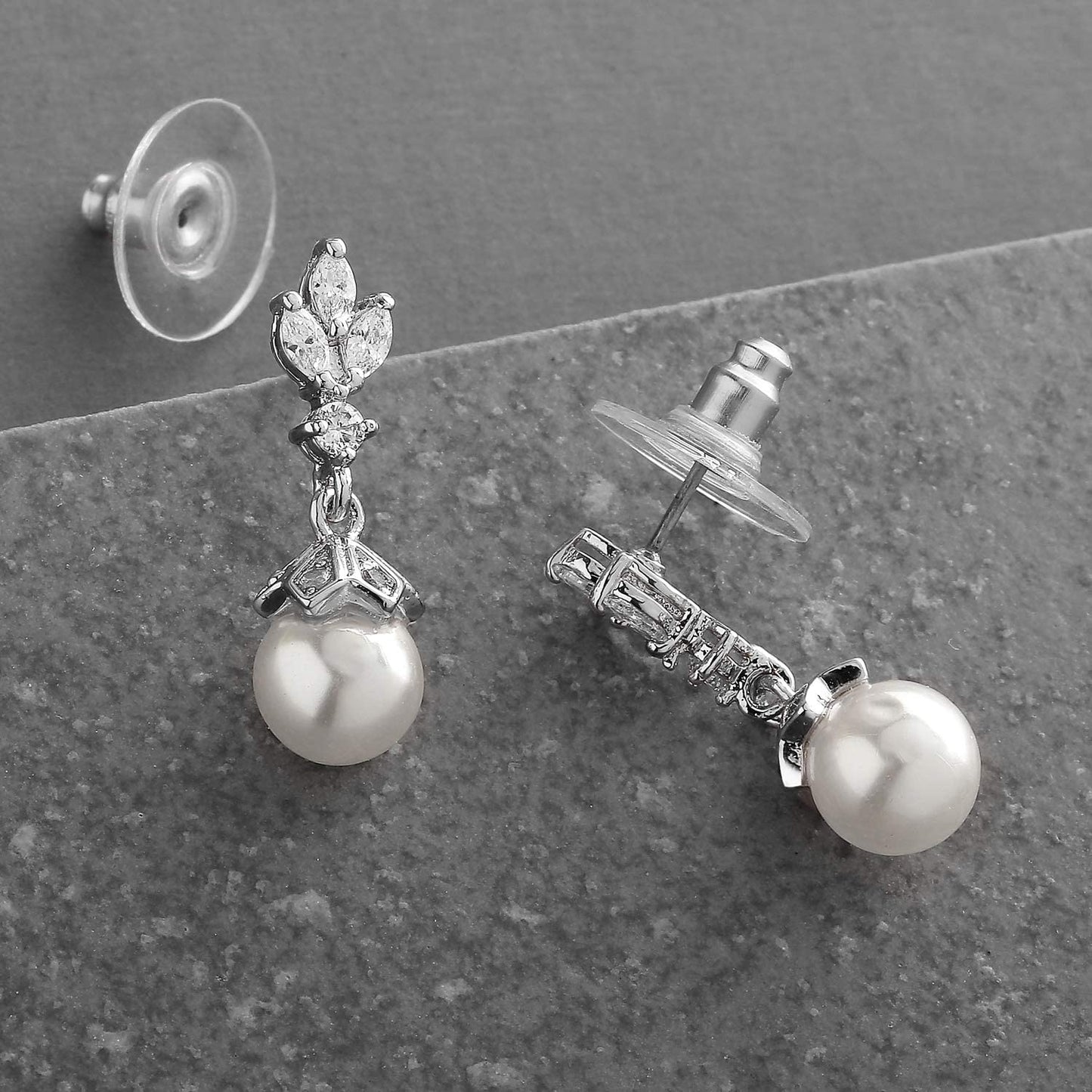 Mariell Light Ivory Pearl Drop Vintage Wedding Earrings with Platinum Plated Cubic Zirconia Marquis Apparel & Accessories > Jewelry > Earrings Mariell   