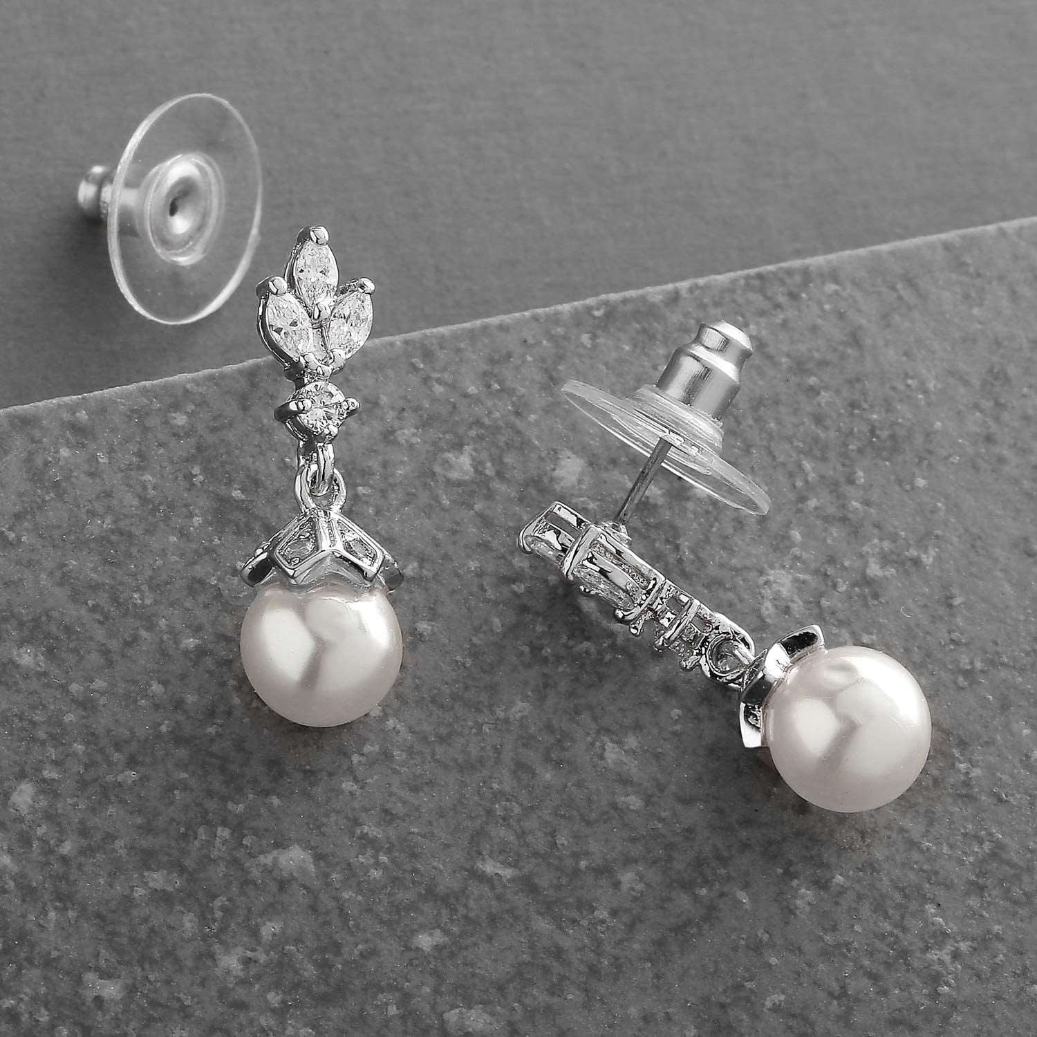 Mariell Light Ivory Pearl Drop Vintage Wedding Earrings with Platinum Plated Cubic Zirconia Marquis Apparel & Accessories > Jewelry > Earrings Mariell   