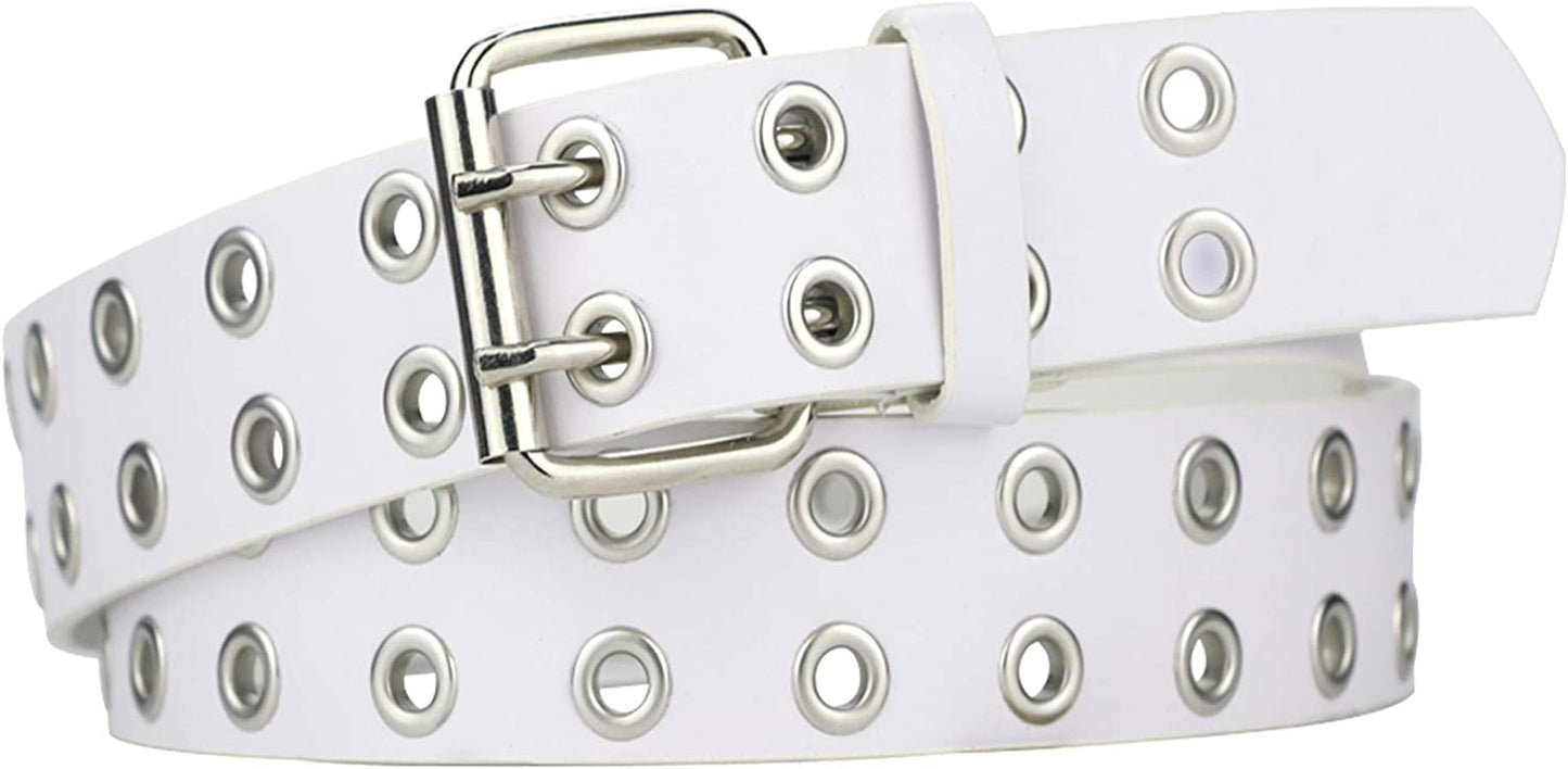Grommet Leather Belts for Women, Black Belt Women Men with Double Studded Holes Apparel & Accessories > Clothing Accessories > Belts macoking White-double Holes Fit for waist up to 41" 