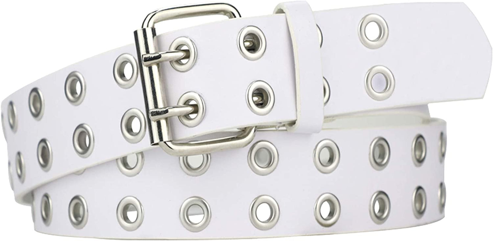 Grommet Leather Belts for Women, Black Belt Women Men with Double Studded Holes Apparel & Accessories > Clothing Accessories > Belts macoking White-double Holes Fit for waist up to 41" 